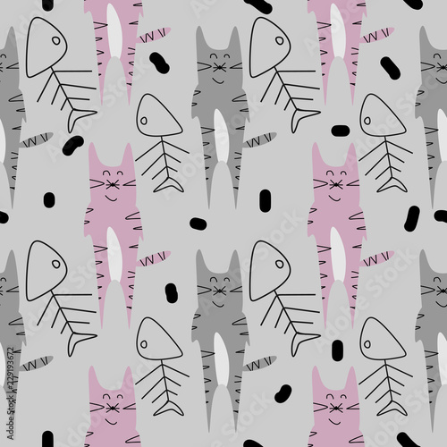 Cat seamless patten vector with childish hand drawn cute cartoon animal colorful illustration background. Creative funny texture. Great for fabric, textile, and baby fashion wrapping or print.