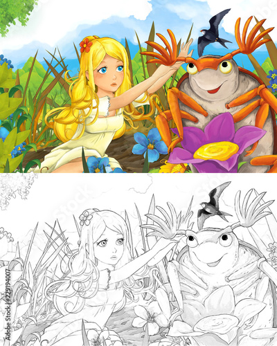 cartoon scene with beautiful tiny elf girl on the meadow talking to dumbledore bug cuckoo bird flying over - with coloring page - creative illustration for children