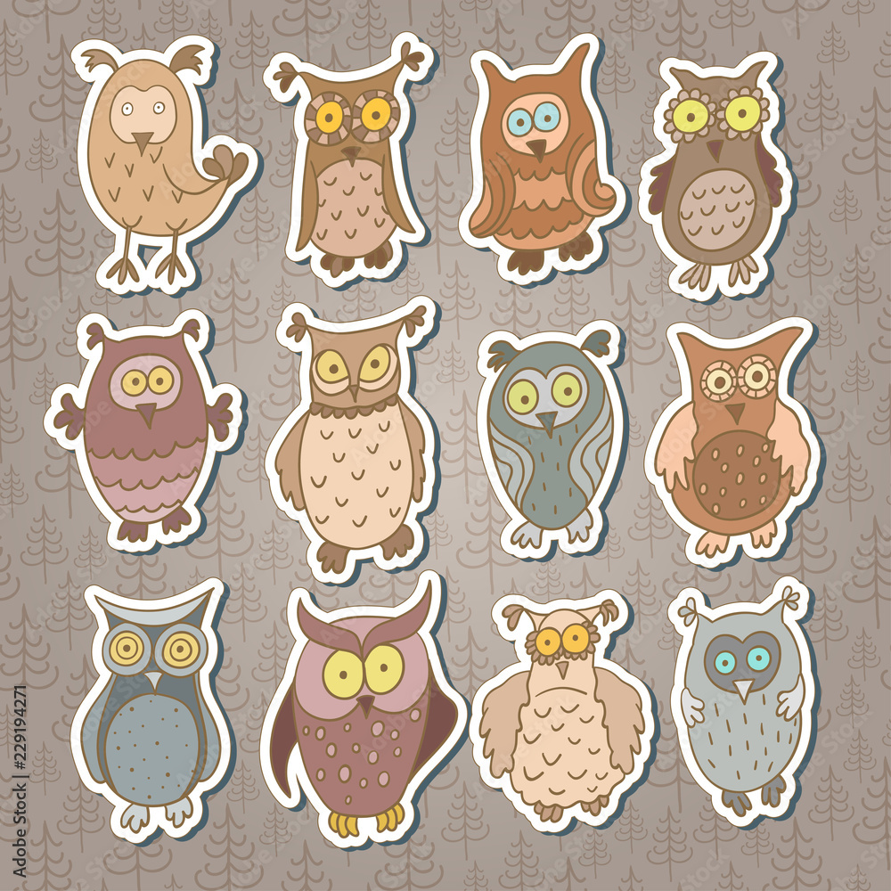 Obraz premium Set of cute stickers with cartoon owls. Vector.