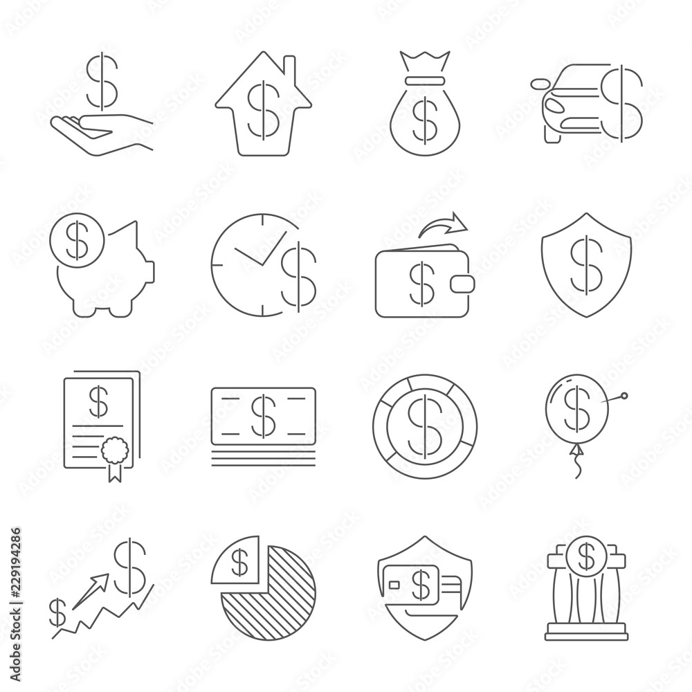 Simple Set of Money Related Vector Line Icons. Thin line vector icon set - dollar, credit card, wallet, cash, money bag, piggy bank, investment, stack, check, receipt, shield. Editable Stroke. EPS 10