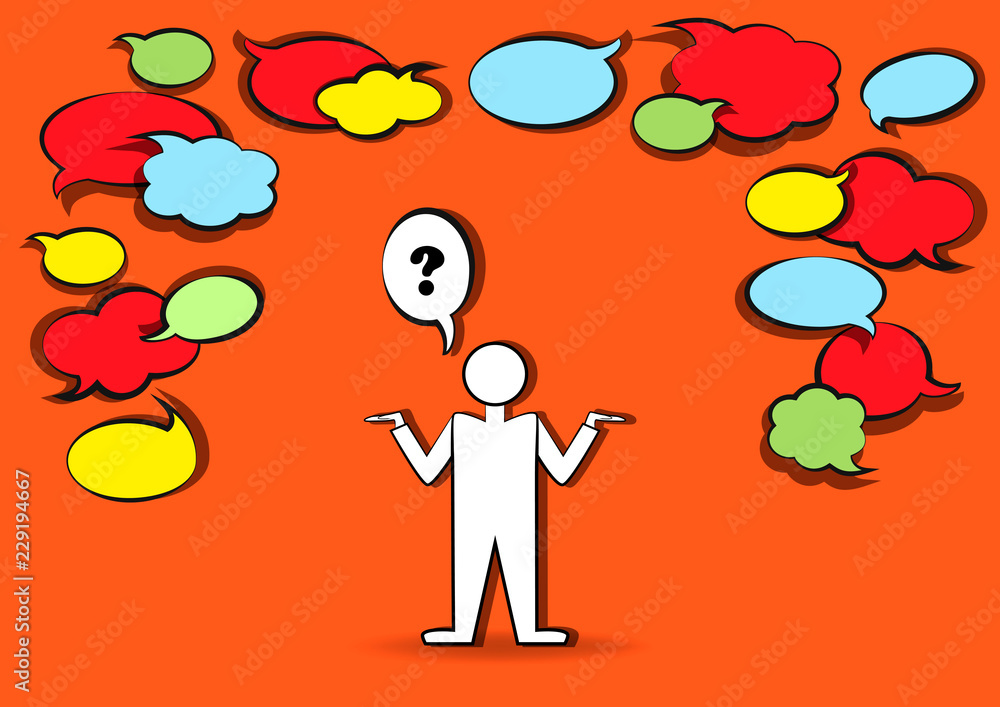 man who ask and many blank speech bubbles, horizontal vector illustration, outline design man who ask and many blank speech bubbles, horizontal vector illustration, outline design