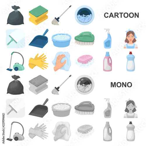 Cleaning and maid cartoon icons in set collection for design. Equipment for cleaning vector symbol stock web illustration.