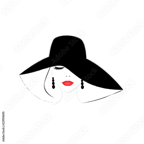 smiling beautiful woman face with closed eyes and red  lips in a wide brimmed hat, square vector illustration