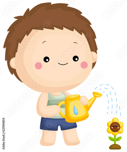 
a boy watering sunflower with his watering can