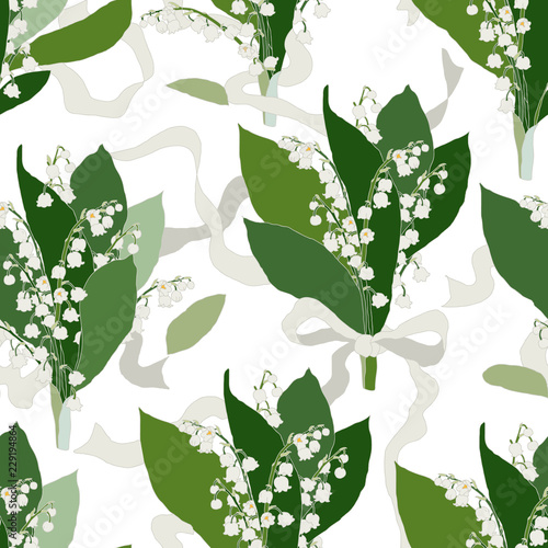 Convallaria majalis - Lilly of the valley - seamless pattern.
Hand drawn vector illustration of white spring flowers tied with a ribbon on white background.
