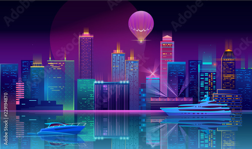 Vector concept background with night city illuminated with neon glowing lights. Futuristic cityscape in blue and violet colors  panorama with modern buildings  skyscrapers on waterfront  urban skyline