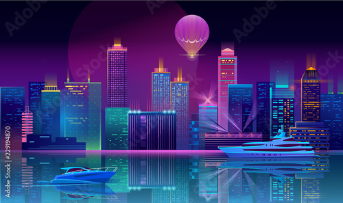 Vector concept background with night city illuminated with neon glowing lights. Futuristic cityscape in blue and violet colors, panorama with modern buildings, skyscrapers on waterfront, urban skyline