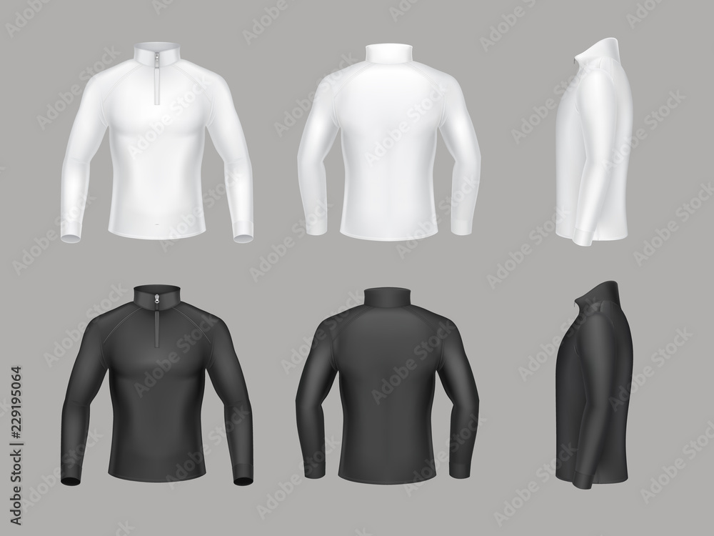 Vector set of base layer shirts for men with long sleeves and short zipper. Male thermal underwear, warm fleece sweatshirts to wear on top of body, isolated on background. Mockup for clothes design Vector set of base layer shirts for men with long sleeves and short zipper. Male thermal underwear, warm fleece sweatshirts to wear on top of body, isolated on background. Mockup for clothes design
