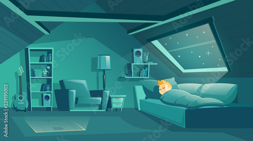 Vector cartoon attic room at night with boy sleeping on sofa, modern loft apartment under wooden roof. Bedroom for children, cozy cockloft with furniture. Interior background of garret, mansard