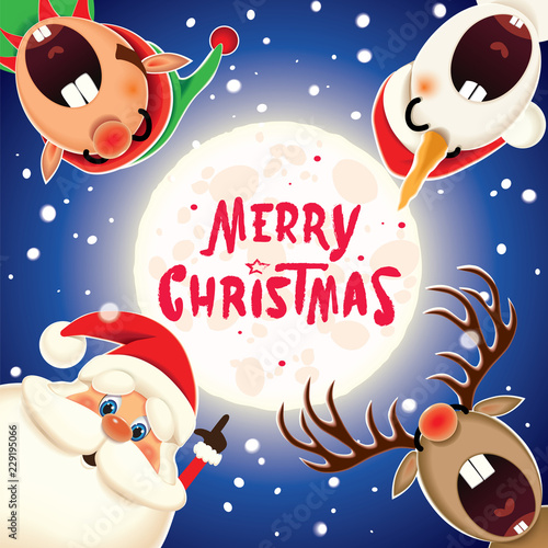 Merry Christmas,Christmas companions singing Christmas carol in the winter moonlight scene