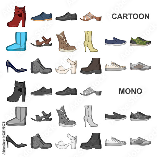 Different shoes cartoon icons in set collection for design. Men and women shoes vector symbol stock web illustration.