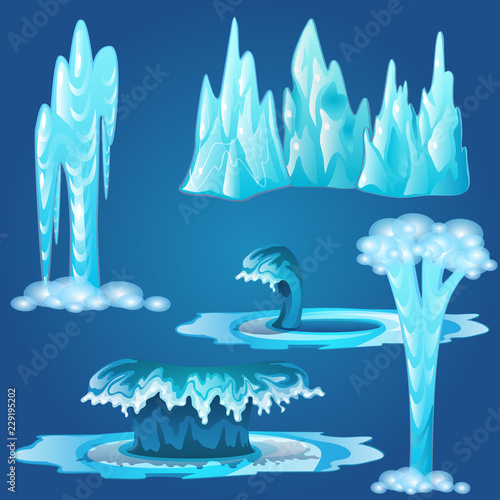 Set of frozen streams and splashes of water isolated on blue background. Vector illustration.