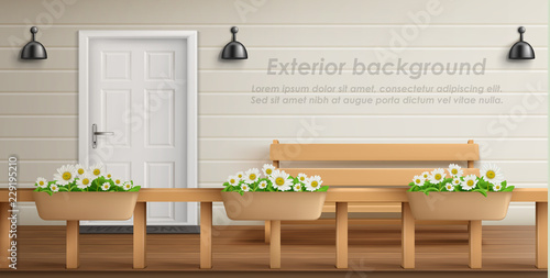 Vector exterior background with veranda facade. Empty terrace with wooden fence and flowers in pots, white wall with lamps, front door and bench. Porch of country cottage, place for rest outdoor