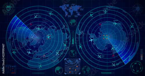 Detailed military radar with two blue displays with with planes traces and target signs