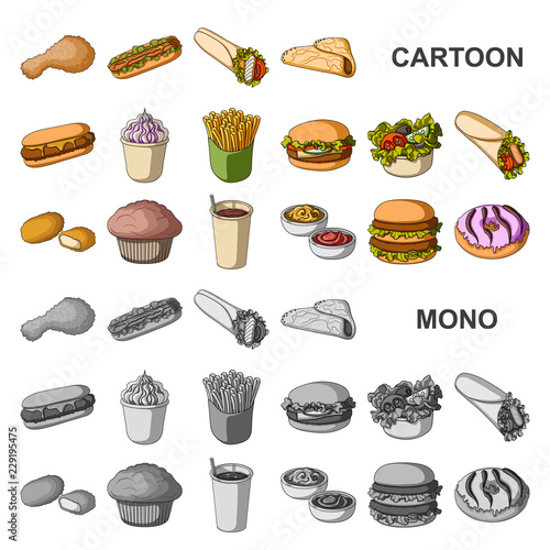 Fast food cartoon icons in set collection for design.Food from semi-finished products vector symbol stock web illustration.