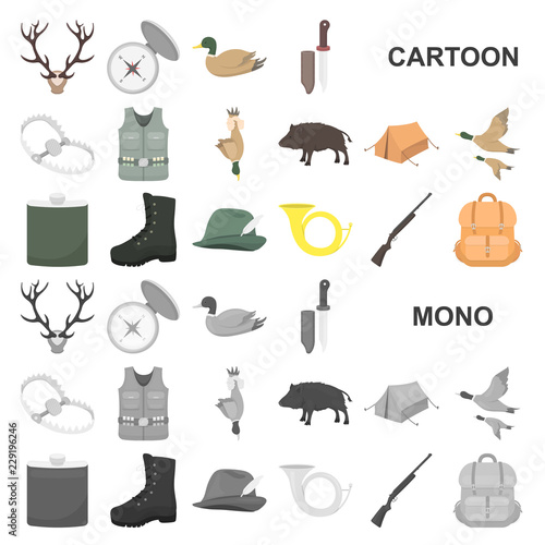 Hunting and trophy cartoon icons in set collection for design. Hunting and equipment vector symbol stock web illustration.