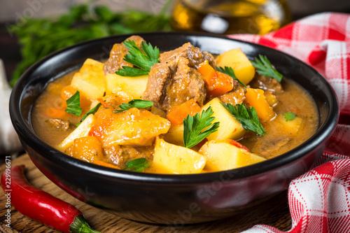 Goulash with meat and vegetables. Beef stew.