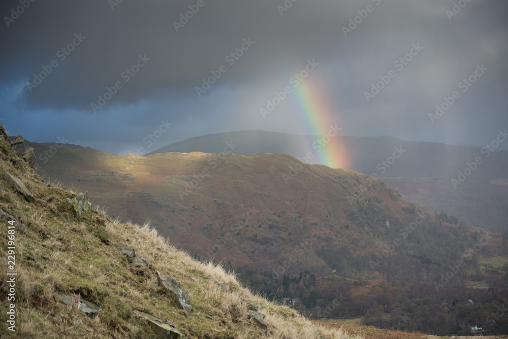 Winter storm with rainbow in the Langdale Valley, English Lake District