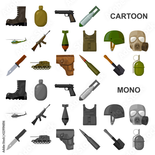 Army and armament cartoon icons in set collection for design. Weapons and equipment vector symbol stock web illustration.