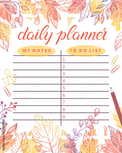 Trendy daily planner with autumn leaves and floral elements in fall colors.Perfect template for organizer and schedule with notes.Unique vector illustration for effective planning.