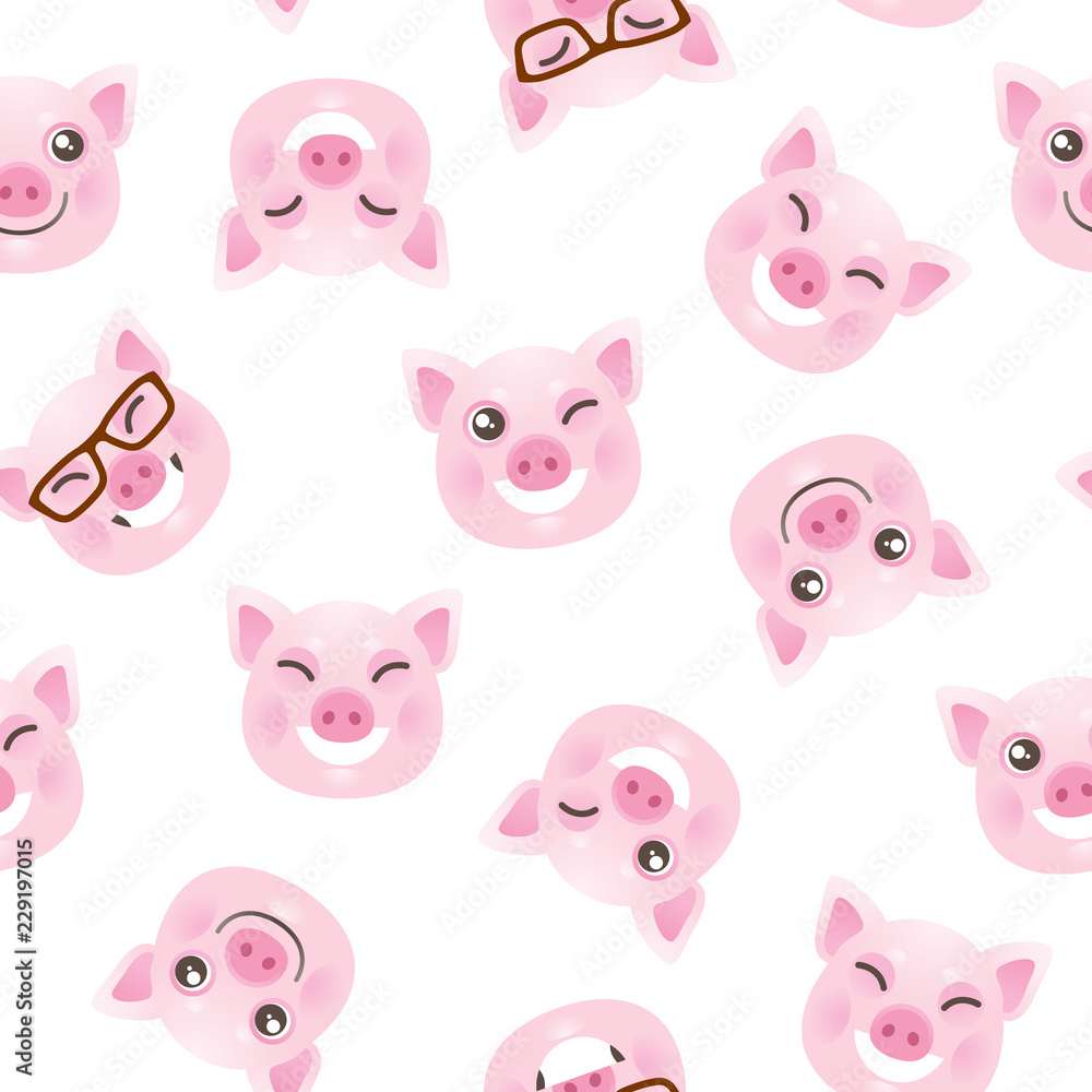 Seamless pattern with kawaii pigs, symbol of 2019.