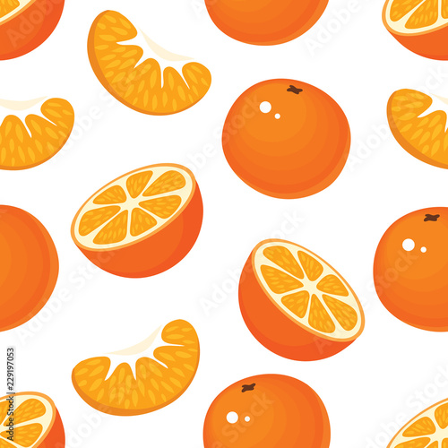 Seamless pattern with tangerines, a mandarin half and a slice of mandarin