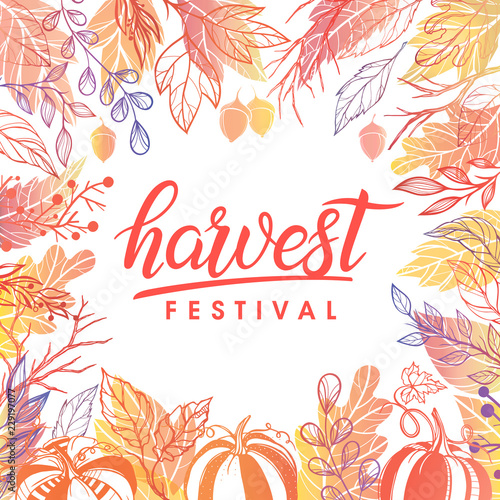 Autumn harvest festival poster with harvest symbols, leaves and floral elements in fall colors.Harvest fest design perfect for prints, flyers,banners,invitations and more.Vector autumn illustration.
