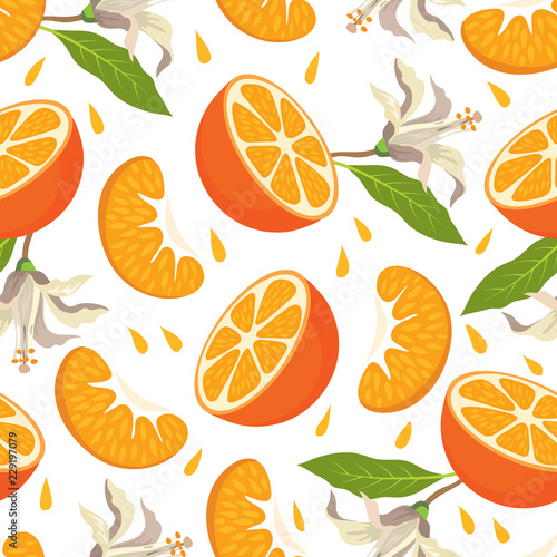 Seamless pattern with tangerines, a mandarin half and a slice of mandarin
