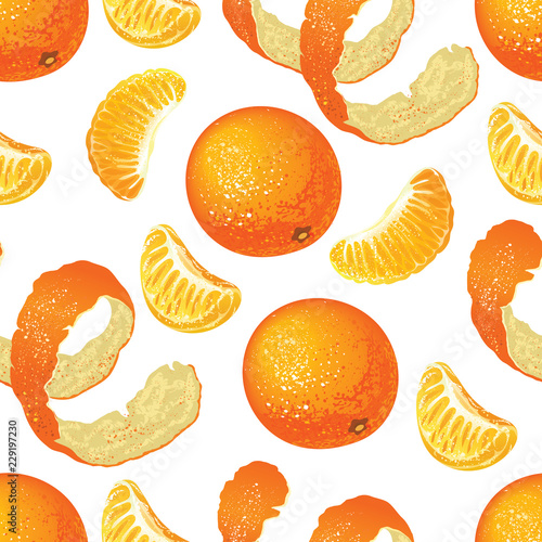 Seamless pattern with tangerines, mandarin slices and peel on a white background.