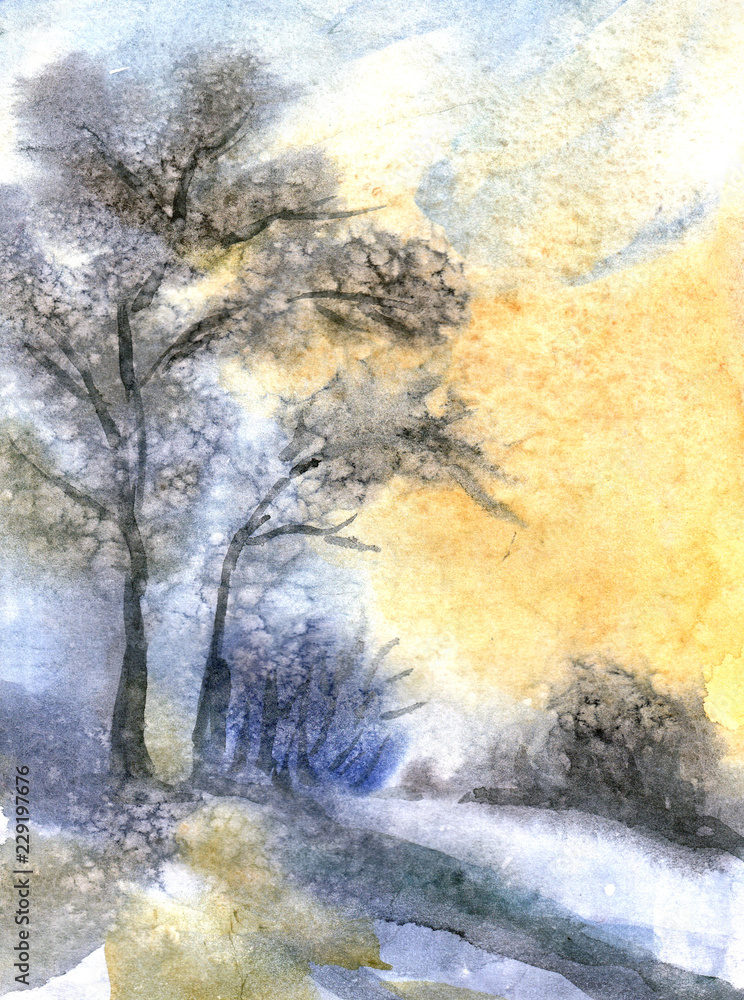 Morning landscape with tree and river. Watercolor landscape.