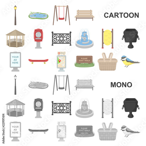 Park, equipment cartoon icons in set collection for design. Walking and rest vector symbol stock web illustration.