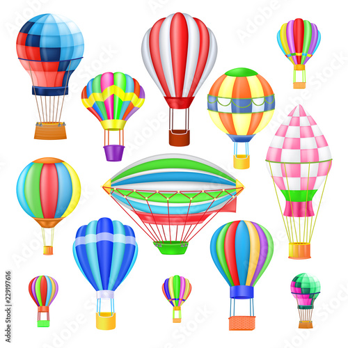 Air balloon vector cartoon air-balloon or aerostat with basket flying in sky and ballooning adventure flight illustration set of ballooned traveling flying toy isolated on white background