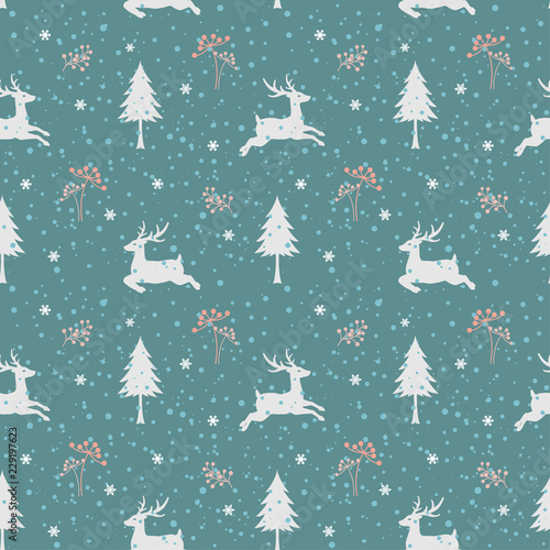 Christmas holiday seamless pattern with deers in winter season on blue background,design for fashion,fabric,textile,print or wrapping paper