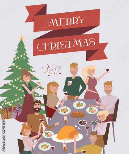 Holiday party poster with people sitting at table laughing, eating food, drinking wine and talking to each other. Christmas dinner with family. Editable vector illustration