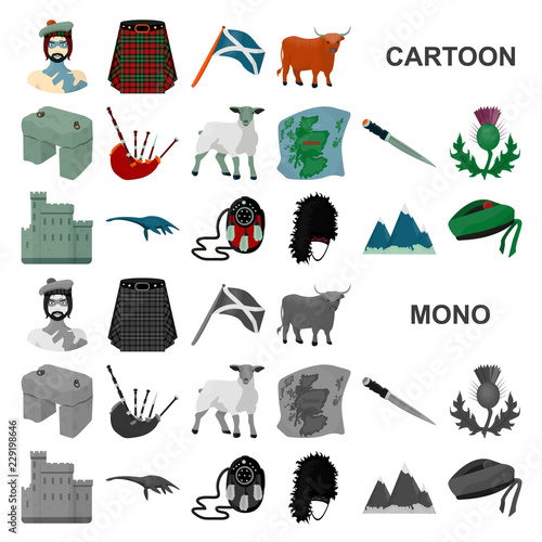 Country Scotland cartoon icons in set collection for design. Sightseeing, culture and tradition vector symbol stock web illustration.