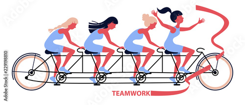 womans group riding fast on four person tandem bicycle, woman in good coordination. Successful collective teamwork cooperation concept. Flat vector illustration isolated on white background.