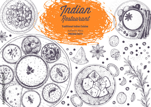 Indian cuisine top view frame. Indian food menu design. Vintage hand drawn sketch vector illustration.