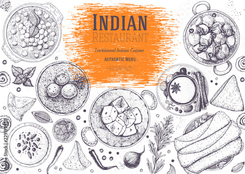 Indian cuisine top view frame. Indian food menu design. Vintage hand drawn sketch vector illustration.