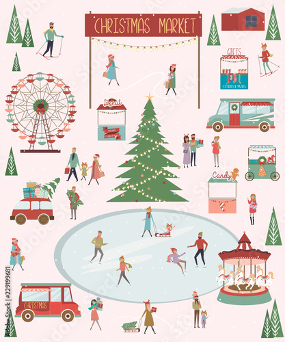 Cute Merry Christmas greeting card with winter landscape  Christmas market and active people. Editable vector illustration