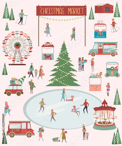 Cute Merry Christmas greeting card with winter landscape, Christmas market and active people. Editable vector illustration