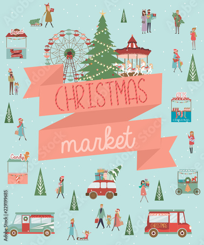Cute Merry Christmas greeting card with winter landscape, Christmas market and active people. Editable vector illustration
