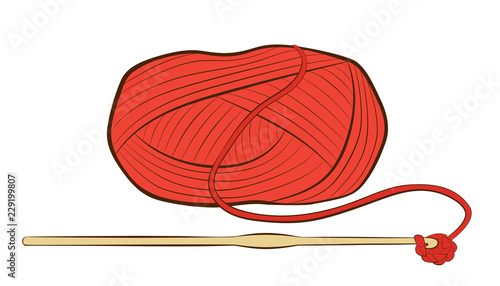Ball of yarn with crochet hook isolated on white background