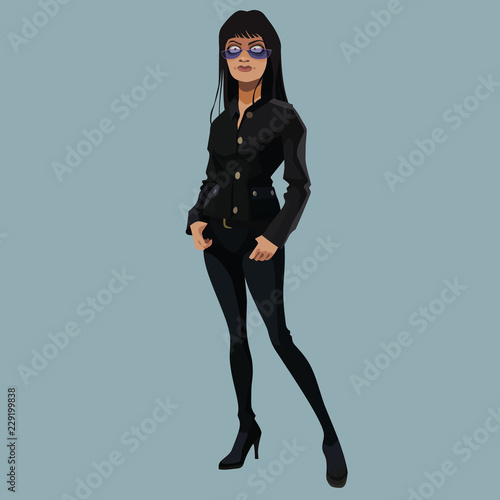 cartoon slim woman in black clothes and purple glasses