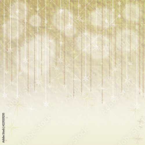 Background Lacy streamers with snowflakes and sparkles in gold and white, perfect for Christmas, New Year, Wedding and Birthdays