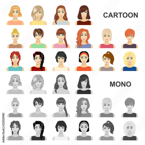Types of female hairstyles cartoon icons in set collection for design. Appearance of a woman vector symbol stock web illustration.