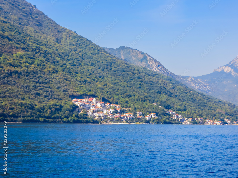 Beautiful views of the mountains and the coast in the Bay of Kotor in Montenegro