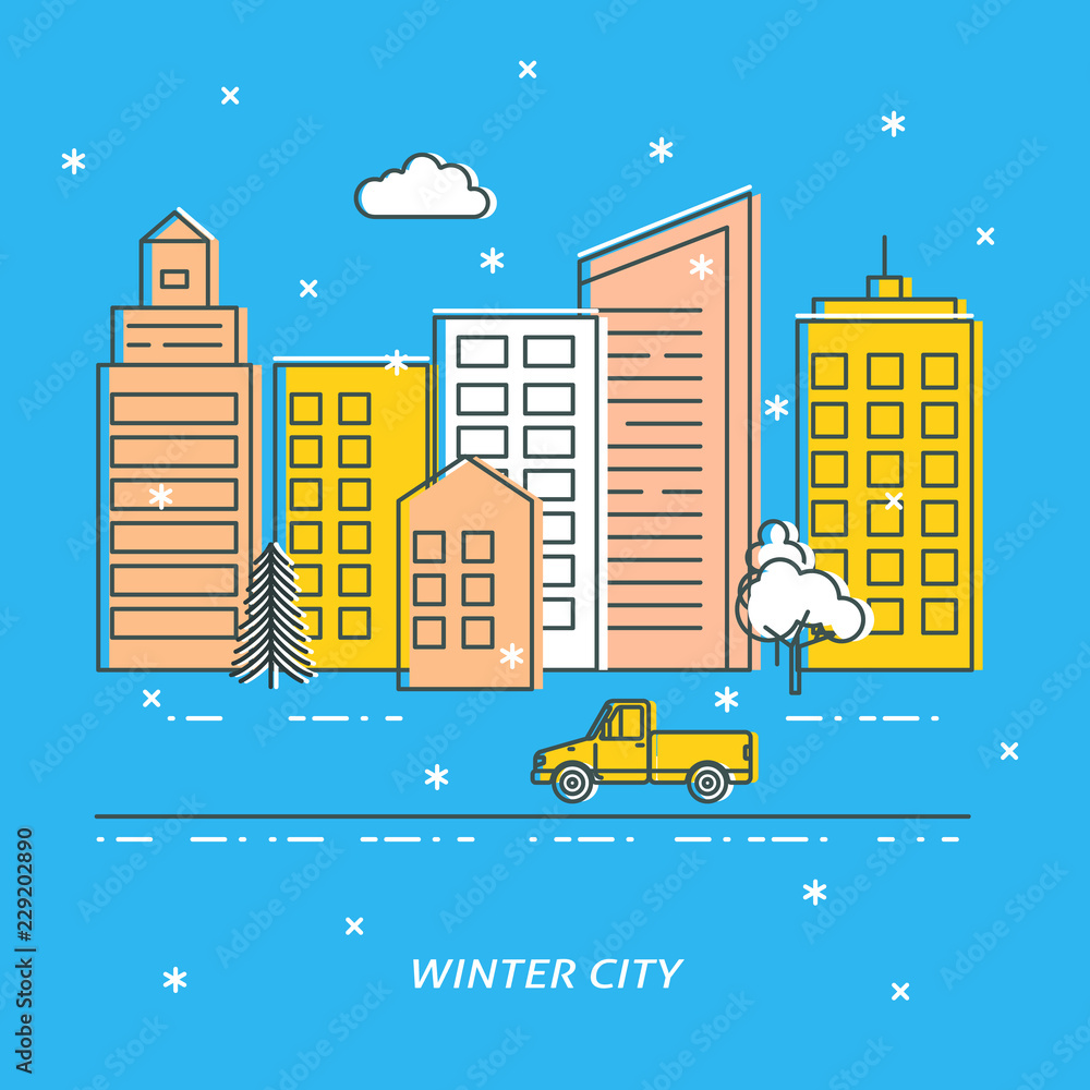 Winter city vector card template in thin line style