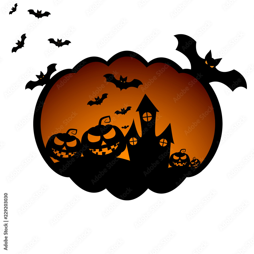 Halloween background with scary pumpkins, Dracula castle and various silhouettes of flying bats