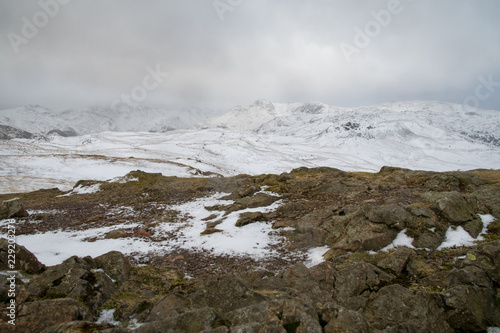 Winter in the Langdale Valley, English Lake District with cloud and snow covered fells