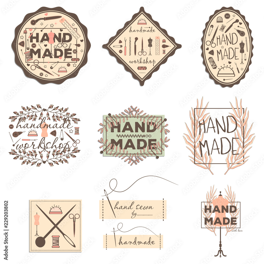 Vector set with stickers of tools for sewing. theme for fashion and handmade.